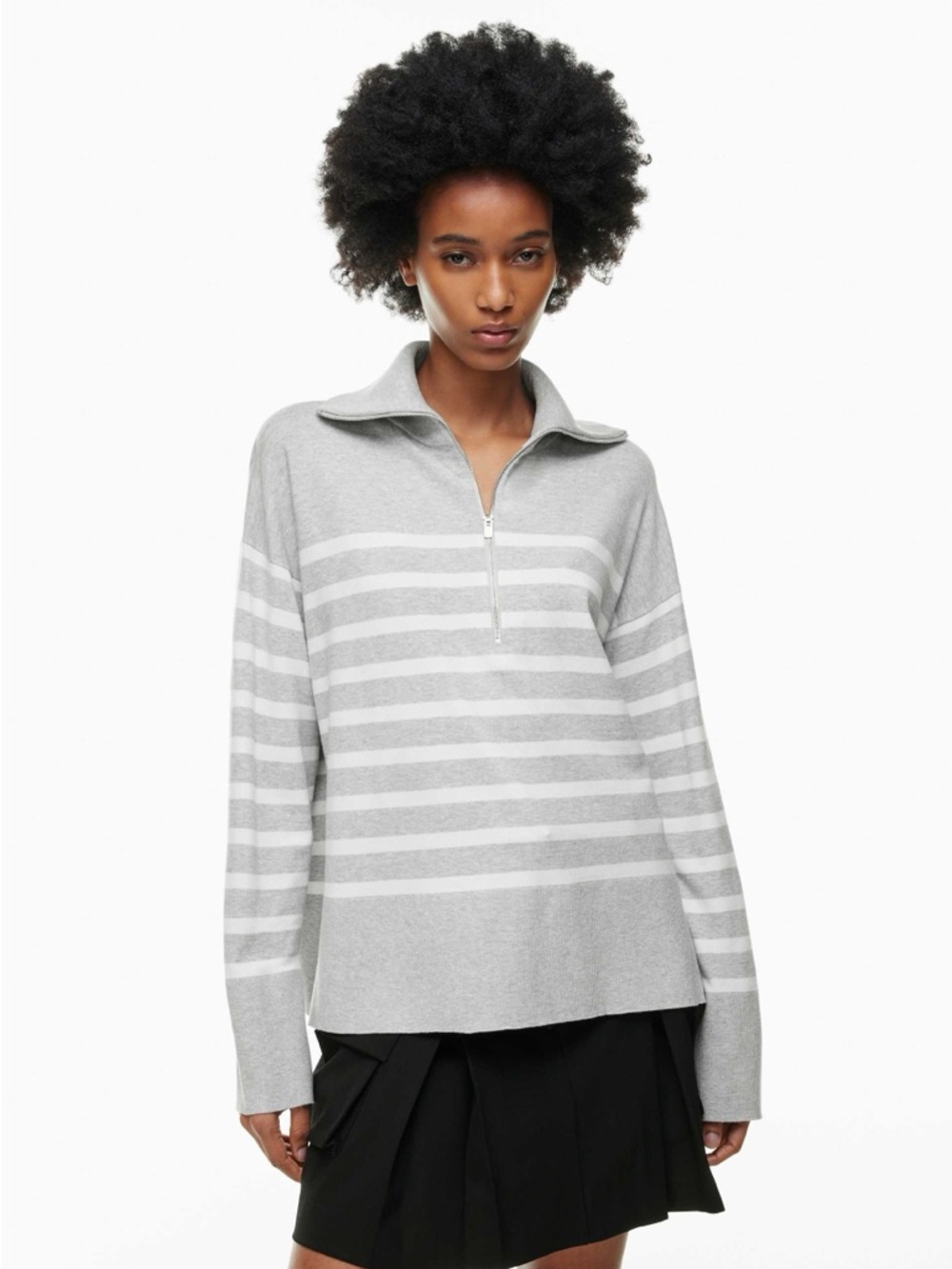 Babaton Light Gray and White Striped Half-Zip Pullover